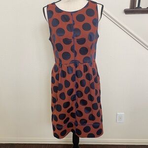 Maeve Orange and Blue Polka Dot Knee-length dress,fitted waist,lined,pockets